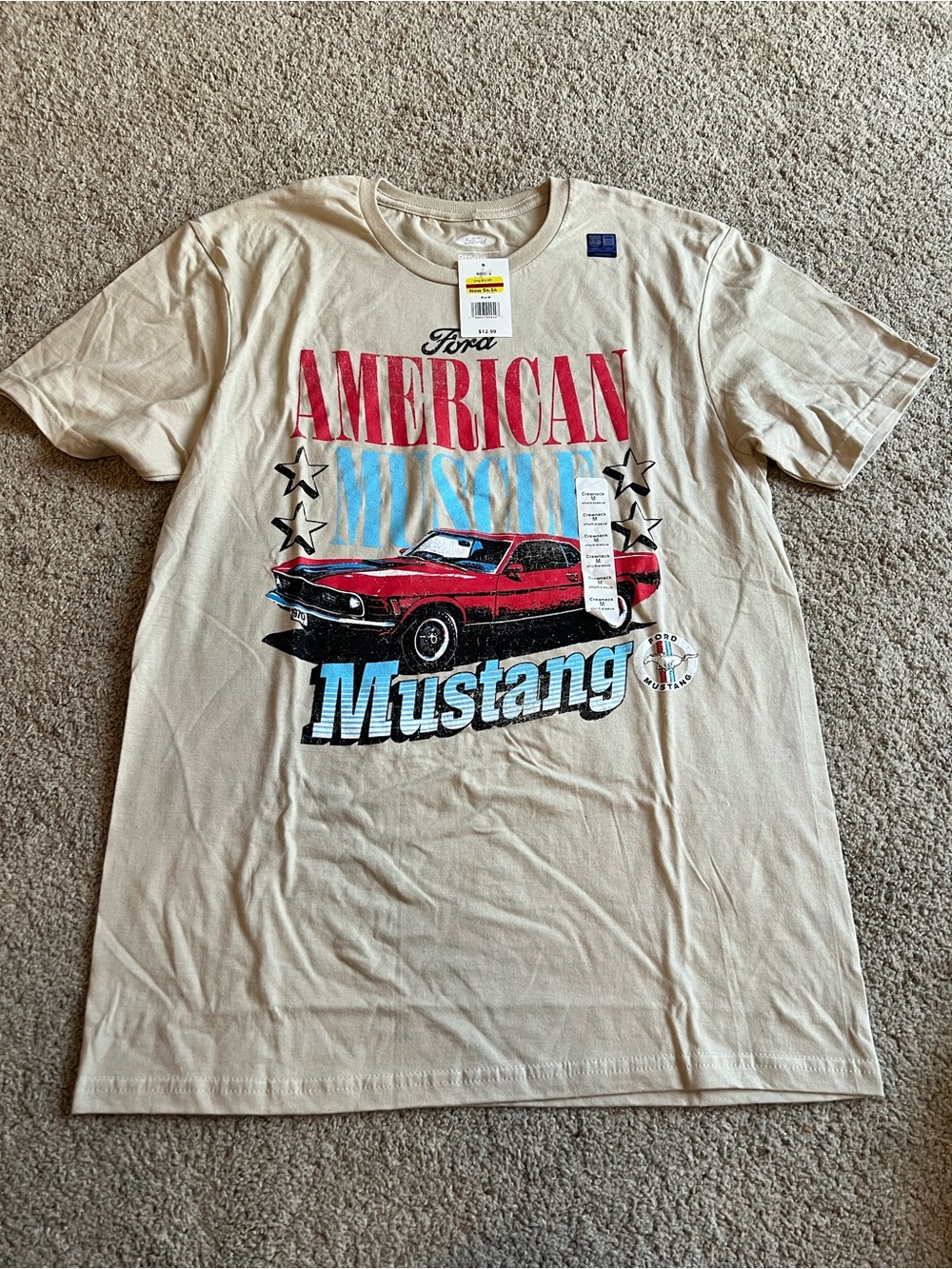 Hybrid Apparel Cream Tee with Red and Blue Mustang Graphic